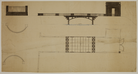216744 Plattegrond en opstand van het ontwerp voor een nieuwe vaste brug met gebogen balustrades en een belastinghuisje ...